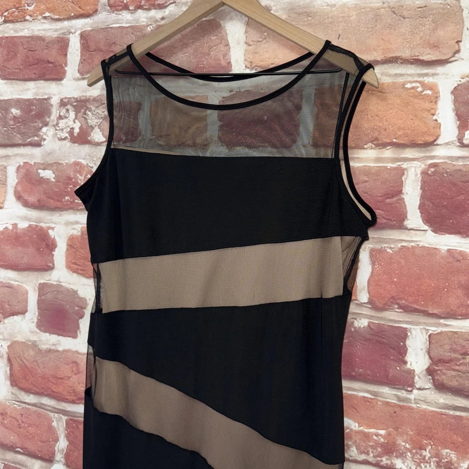 Vestido R&M Richards para mujer 12P negro tostado rayas abstracto malla transparente cremallera Foto 4 de 4