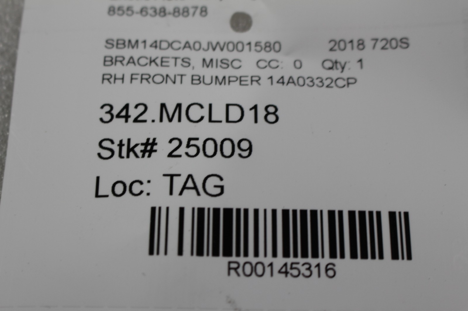 McLaren 720s, RH, Right, Support Holder Bracket, Used, P/N 14A0332CP
