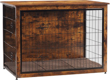Dog Crate Furniture with Cushion, Wooden Kennel Table with Double Doors, Indoor