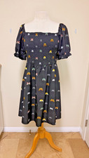 SHEIN Curve Butterfly Print Smock Fit & Flare Puff Sleeve Dress 1XL Black Women