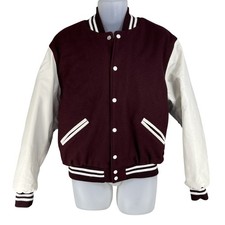 Rennoc Classic Men M Varsity Letterman Bomber Jacket Wool Quilted Burgundy White