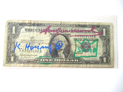 C) A. WARHOL/K. HARING/J. M.BASQUIAT: 1$ BANKNOTE 4x SIGNIERT, USPS 15.FEB 1977!