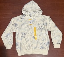 Disney Stitch Hoodie Sweatshirt Women Ivory Full Zip AOP Embroidered S. Medium