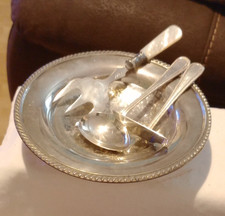 Silver Plate Oval Footed Bowl with Rope Rim & Serving Utensils Set