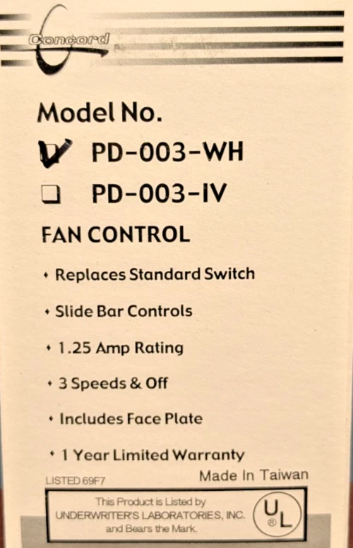 WHITE 3-SPEED & OFF CEILING FAN SLIDE BAR WALL CONTROL UNIT W/ FACEPLATE PD-003 - Image 2 of 3