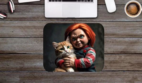 CHUCKY CUDDLING A CAT MOUSEPAD MOUSE PAD THICK 9" X 7" - Image 2 of 4