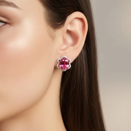 Pink Padparadscha Sapphire Oval 15.05Ct 925 Sterling Silver White Gold Earrings