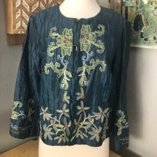 CITRON Heavily Embroidered Linen Cardigan Womens sz Medium Blue Green Fairycore