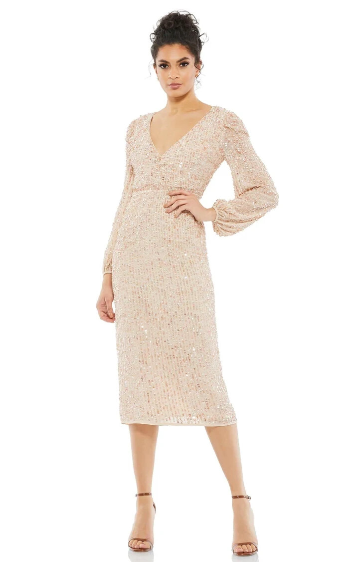 Mac Duggal Beige Sequin Long Sleeve Cocktail Midi Dress Size 16 $398