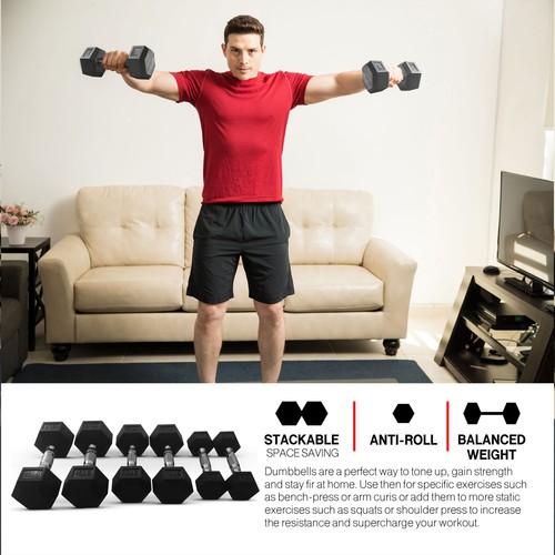 HolaHatha 5, 10, 15, 20 & 25 Pound Hexagonal Dumbbell Weight Set w/Rack, Black - Picture 4 of 12