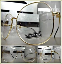 OVERSIZED VINTAGE RETRO Style Clear Lens EYE GLASSES Large Big Gold Metal Frame