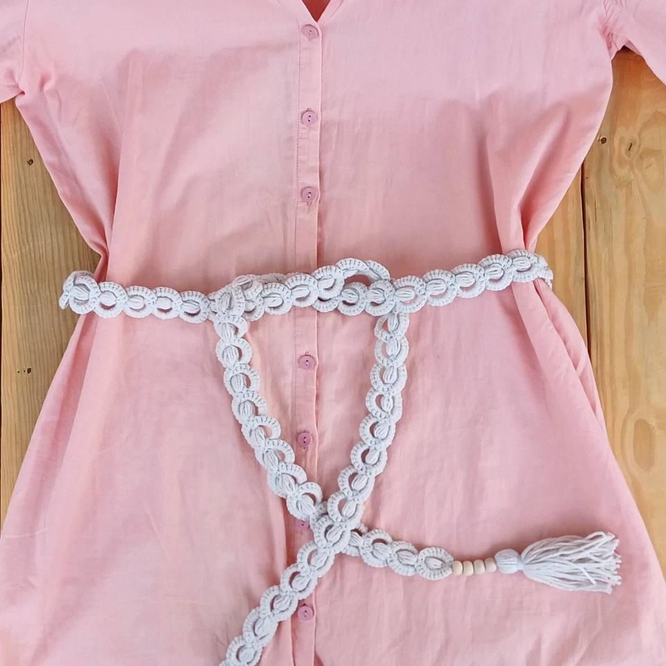 Cinturón de ganchillo blanco trenzado con cuentas atar borla macramé vestido mujer cinturón de cuerda Foto 3 de 4