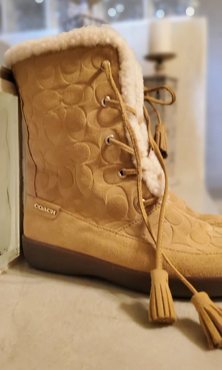 Coach Boots Tuesday Camel Natural Suede Logo Tie Tassel A7408 Sz 38.5 BEAUTIFUL