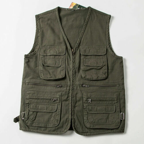 Men Multi Pockets Cargo Vest Fashion Sleeveless Jackets Work Waistcoats Vintage