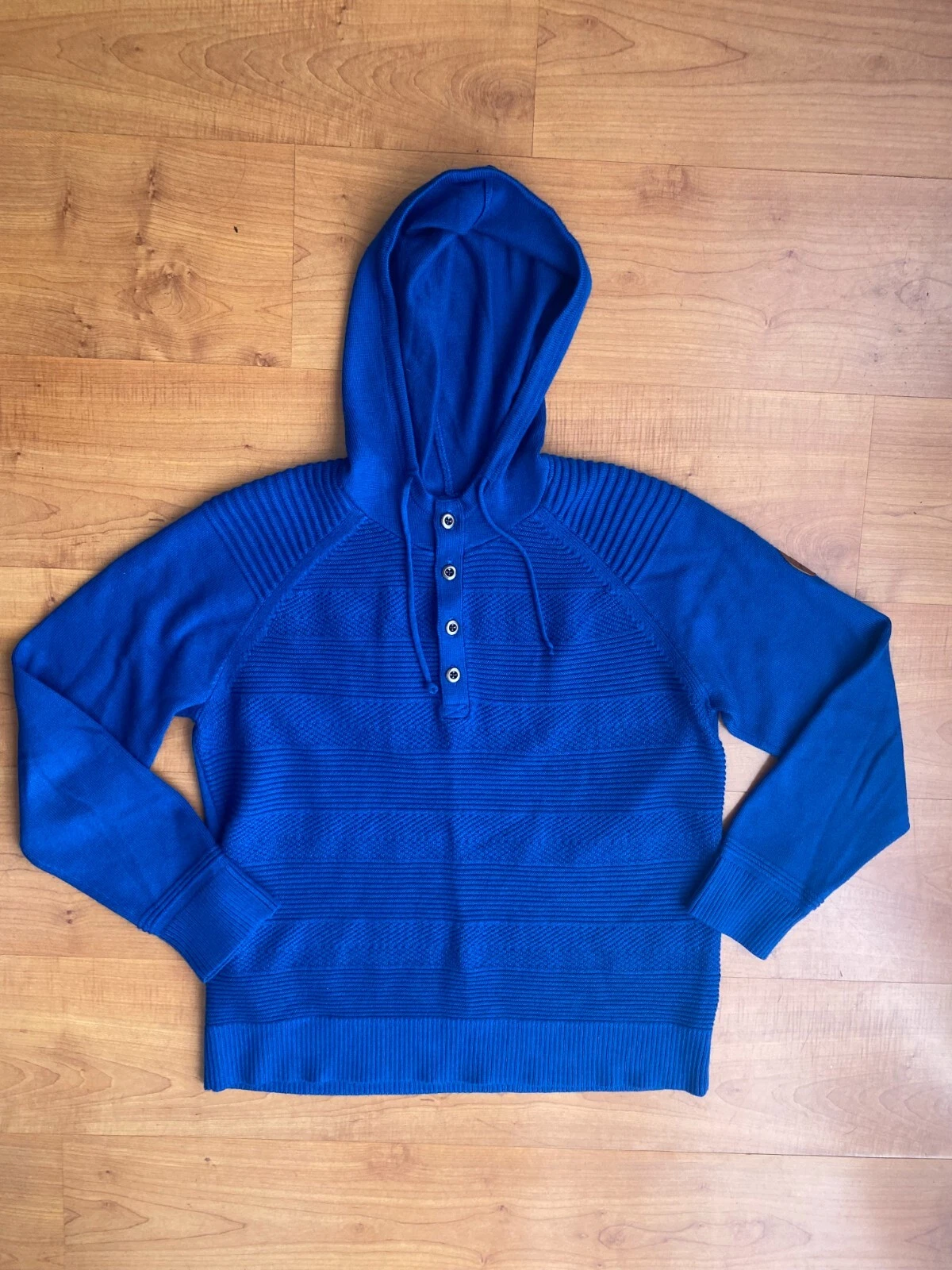 Obermeyer Wool Sweater Blue Pullover Hooded Mens M