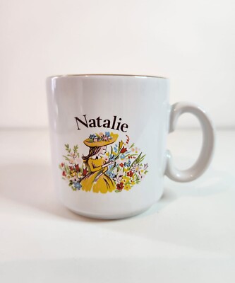 White Porcelain Cup; Girl Sitting Among Flowers; Natalie Inscription