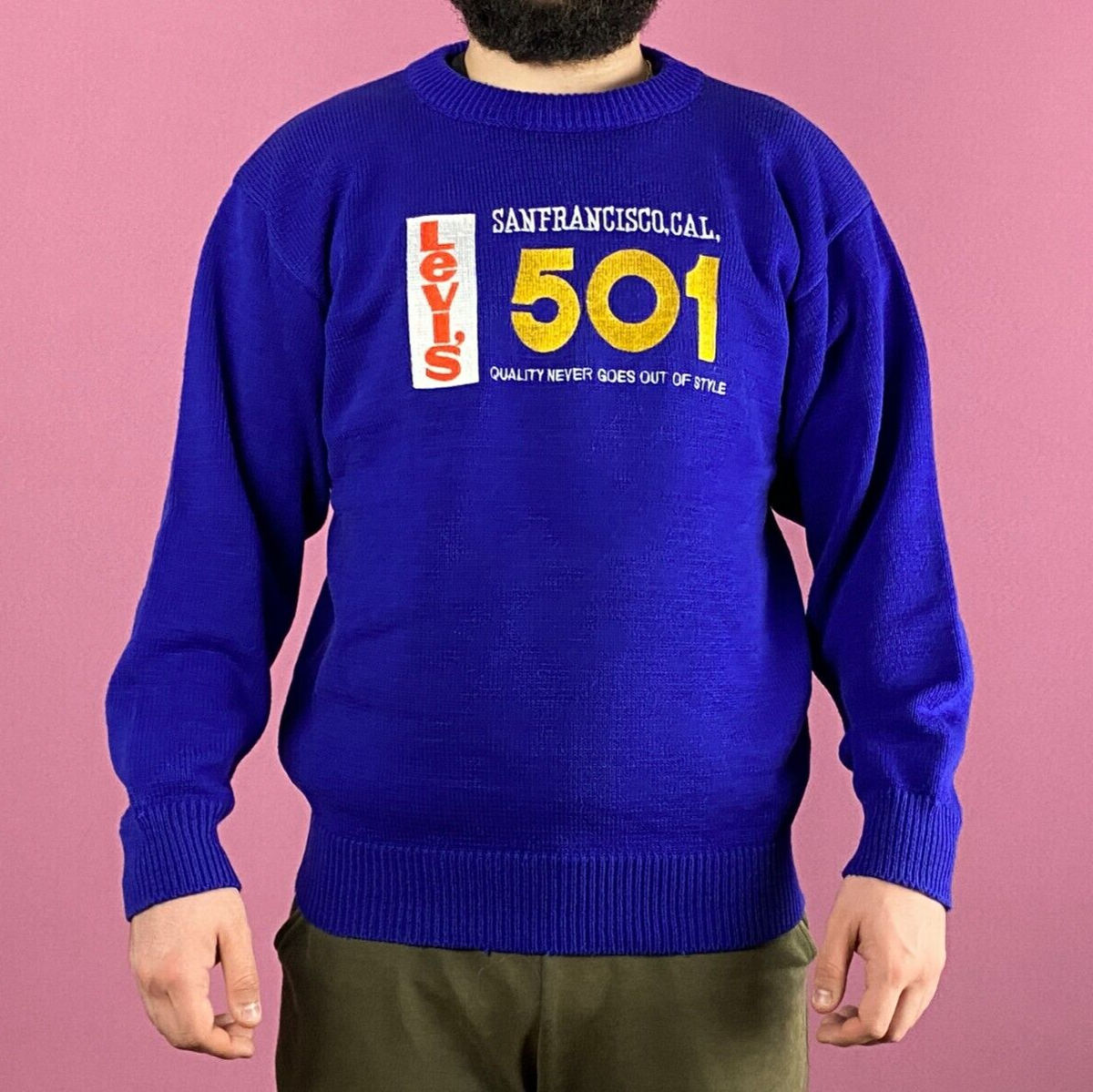 RARE 50s Levis 501 Vintage Men's Embroidered Logo Knit Sweater L Blue  Acrylic