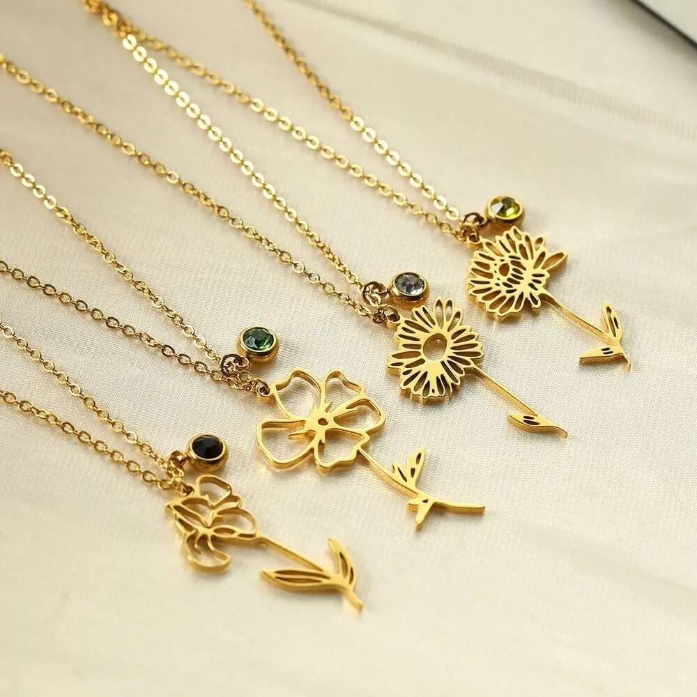 Dainty Birth Flower Pendant 18K Gold Birth Flower Necklace Flower Month