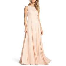 Jenny Yoo Elizabeth Illusion Neck Chiffon Gown, Blush, 6