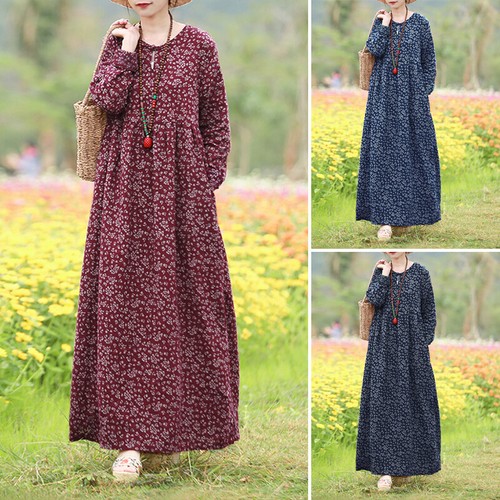 Womens Long Sleeve Printed Floral Cotton Dress Casual Loose Kaftan Maxi Dresses+