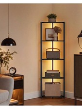5 Tier Corner Shelf Bookcase with LED Lights Steel Frame Rustic Black Storage