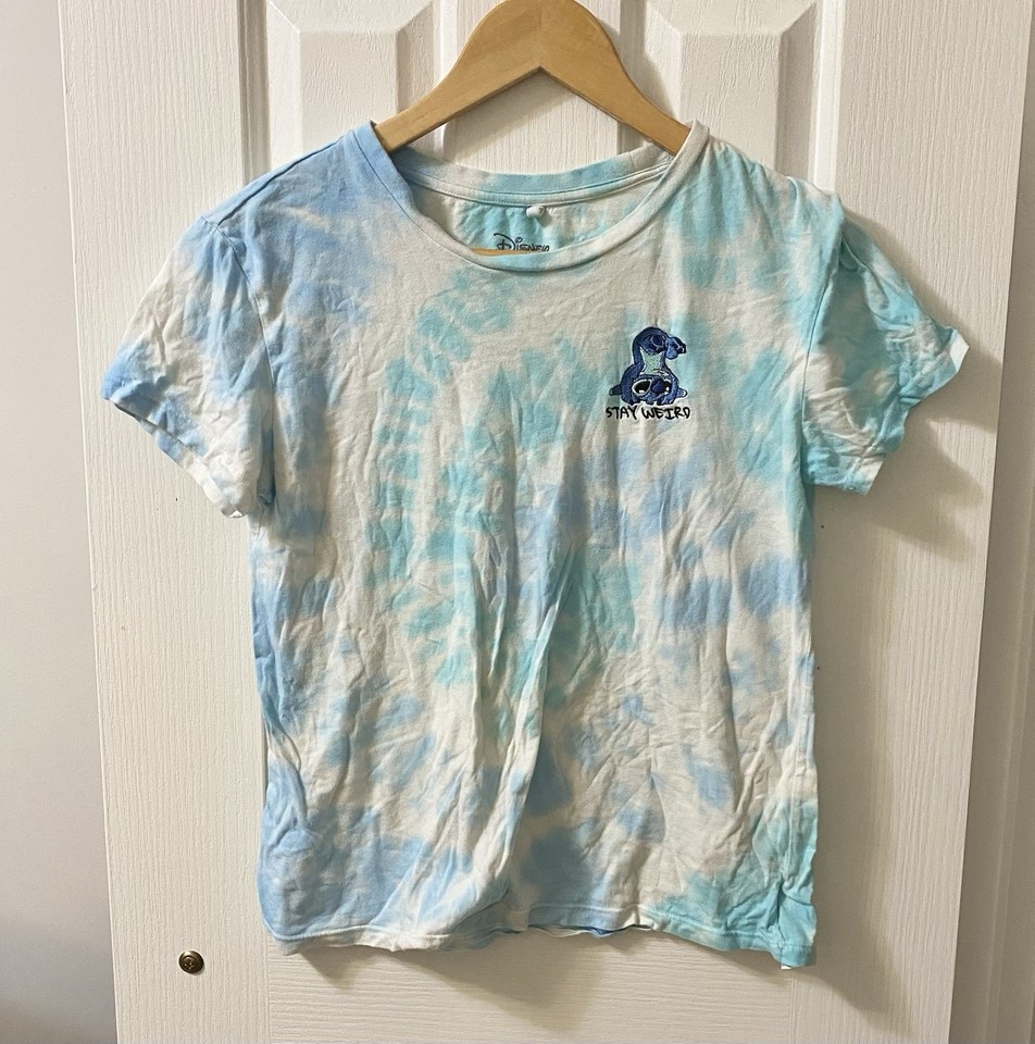 Disney Ladies Stitch Blue/White Tie-Dye Cotton Crew Neck T-Shirt Size S