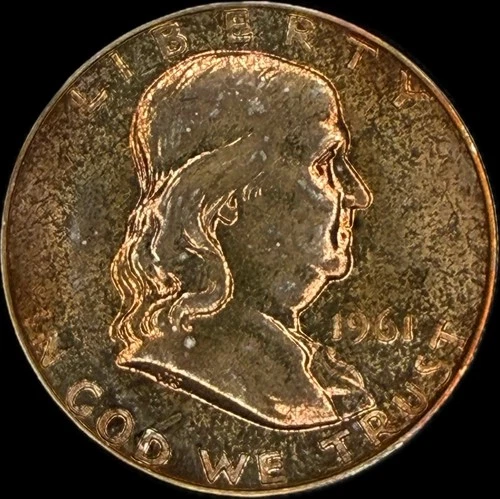 1961 Proof Franklin Half Dollar 90% Silver, Colorfully Natural Toned Maybe Cameo