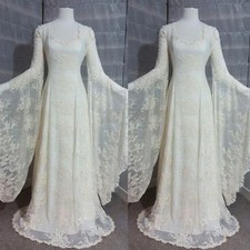 Vintage Celtic Wedding Dresses Flared Long Sleeve Full Length Corset Bridal Gown