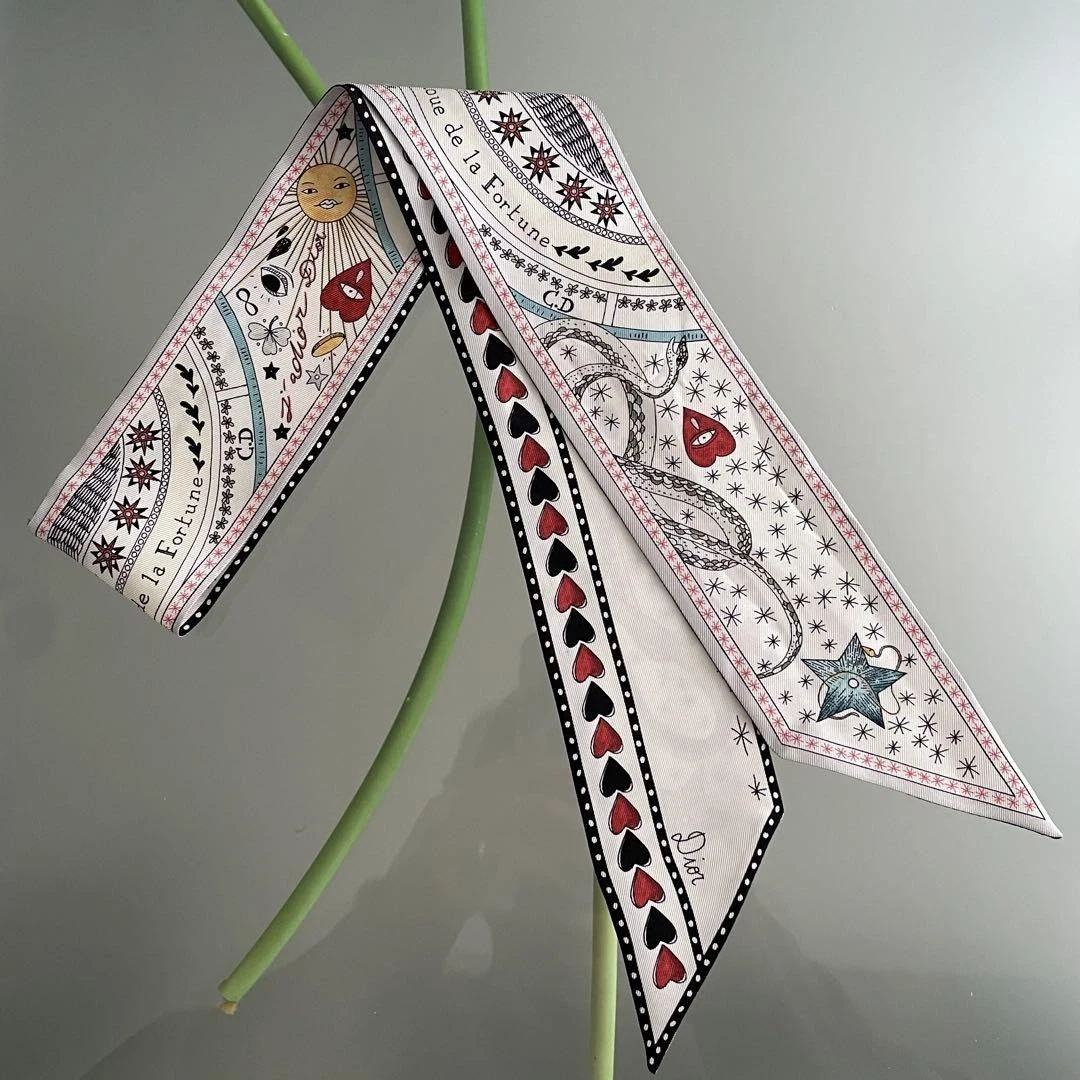 Foulard Dior Mitzah 100cm 39′′ 6cm 2′′ long coeur soie blanc