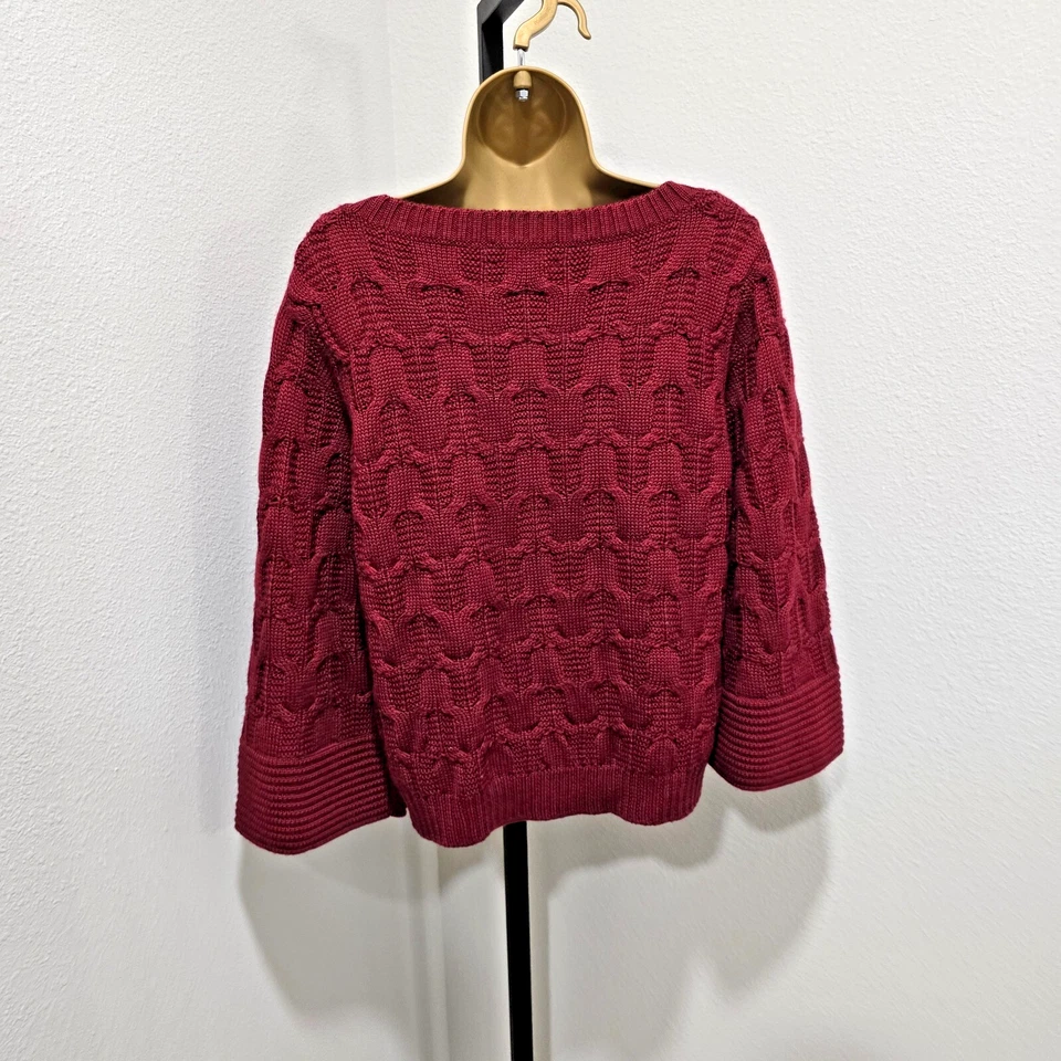 Suéter de mezcla de lana rojo granate para mujer tejido con cable mediano manga acampanada oficina carrera Foto 4 de 4