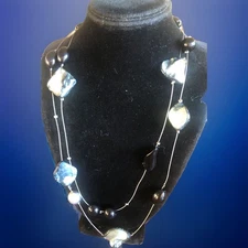 Abalone Beaded Double Stranded Necklace On Silver Toned Wire W/Earrings