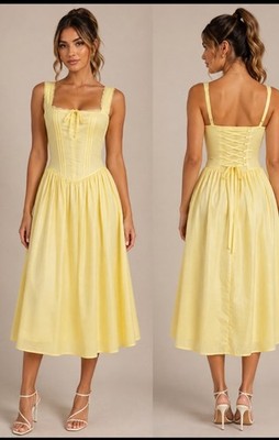 IRIS Yellow Corset Style Fit & Flare Lace Up Back Midi Dress S
