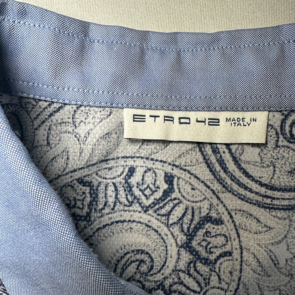 Etro Button Shirt Men's 42 Blue Paisley Print Long Sleeve Made in Italy Contrast - Image 3 of 4