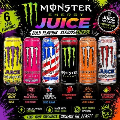 Monster Energy Juice Getränke Konvolut USA Import neue Geschmacksrichtungen in der Hand 6 Stück