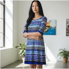 Eliza J Dress 10 Shift Blue Chevron Printed Petite Career Exposed Zip