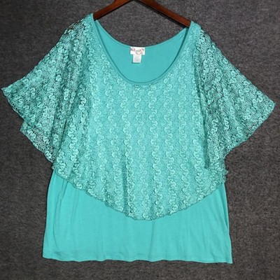 Lavish Tunic Top Womens 1X Green Lace Kimono Sleeve Boho Cape Overlay