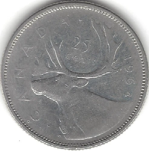 1964 CANADA 25c, Quarter, Elizabeth II, circ. Silver (COIN, MONEY, COLLECTIBLE)