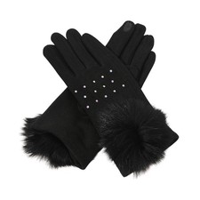Faux Fur Cuff Pom Rhinestone Embellished Smart Touch Winter Gloves