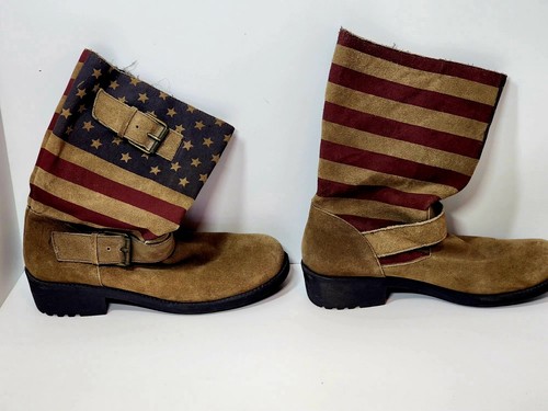 Sbicca Vintage Collection Tan Suede American Flag Boots With Buckle Womens Sz 10 - Picture 2 of 7