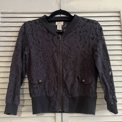 Eyelash Couture Lace Zip Jacket Black Buttoned Pockets Floral Pattern Size M