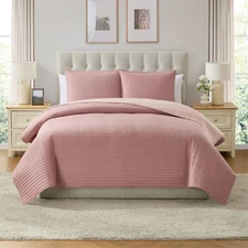 VCNY 3pc King Home Embroidered Pick Stitch Microfiber Quilt Set Rose Pink