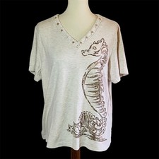 Alfred Dunner Seahorse T Shirt Sz XL Embellished Metallic Sequin Coastal Beach
