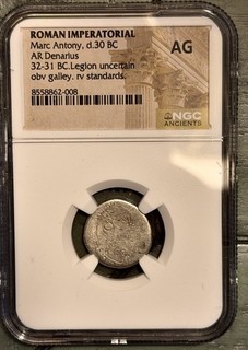 Marc Antony Silver Legionary Denarius NGC 32 31 BC Galley Standards