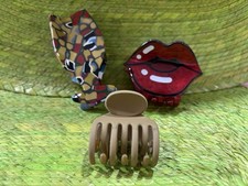 Hair Claw Clips - Set Of Three: Wine Glass, Lips, Square