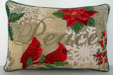 Christmas -Word " PEACE", Red  Birds, Berries, , Snowflakes, Tapestry Pillow New
