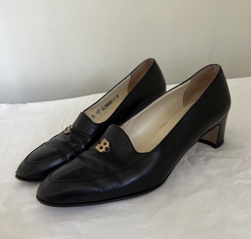 Bally Of Switzerland Vtg Black Leather Olenadra Pump Heels w/ Gold Logo- Sz 5.5M - Picture 1 of 11