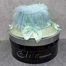 Elite Champagne Hat Sun Womens Blue Green Satin Wide Brim Bow Derby Church NWOT