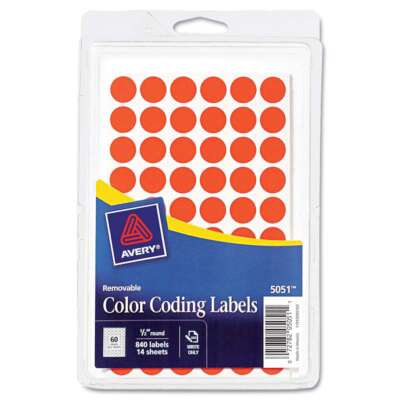Avery Handwrite Only Removable Round Color-Coding Labels, 1/2'' dia, Neon Red, 84