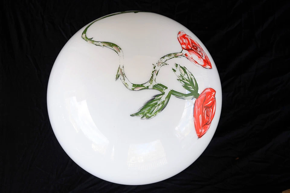 LIGHT SHADE Roses 18" SCHOOL HoUsE  HaNd Painted MiLK Glass Art Deco 1930s 1940s - Image 2 of 4