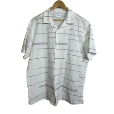 Onia Cotton Linen Blend Button Up Short Sleeve Shirt Size XL White Blue Striped